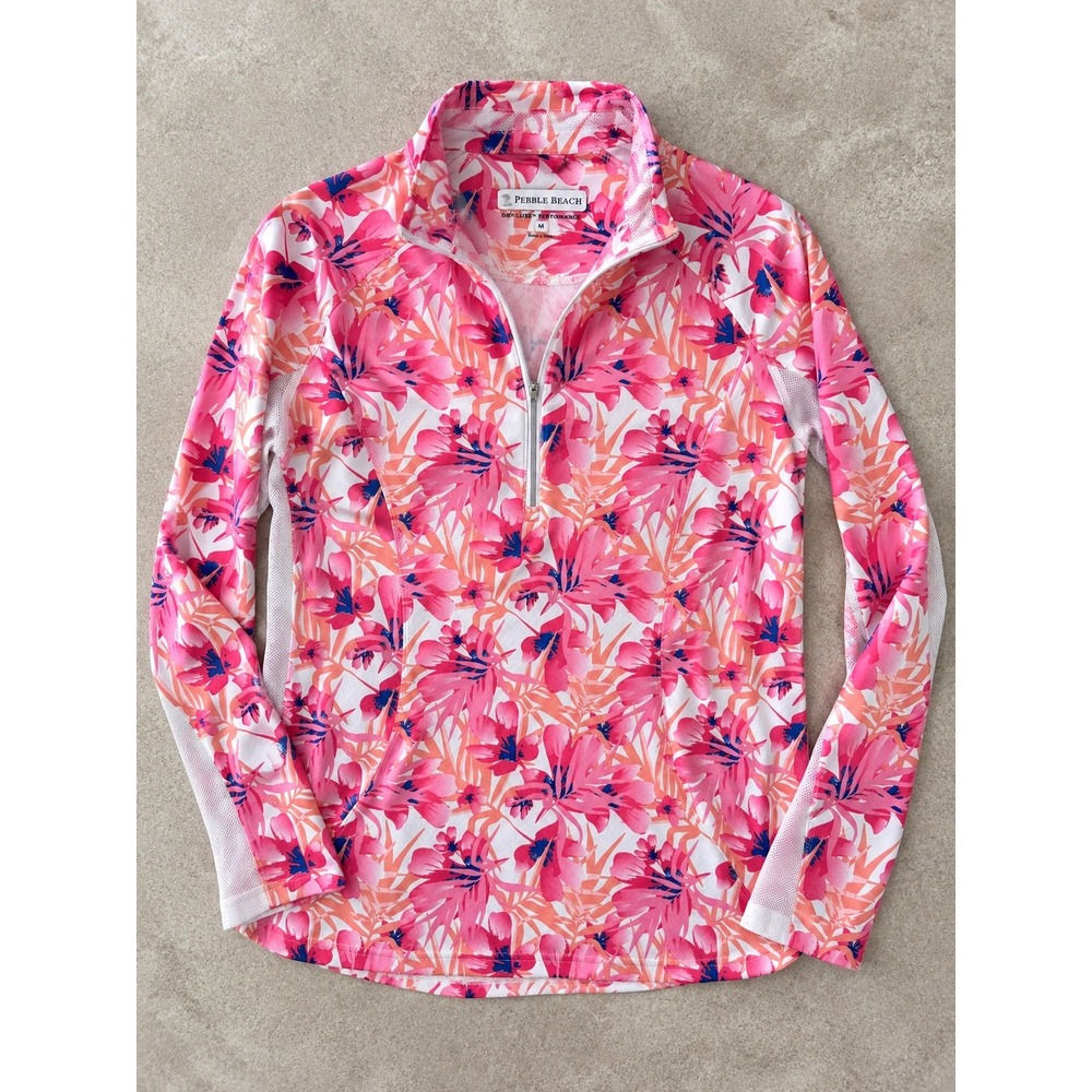 Pebble Beach Women Pink Floral 1/4 Zip Golf Top Long Sleeve Performance Medium